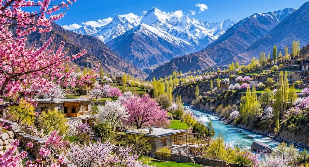 2. Northern Pakistan — blossoms beneath giant mountains